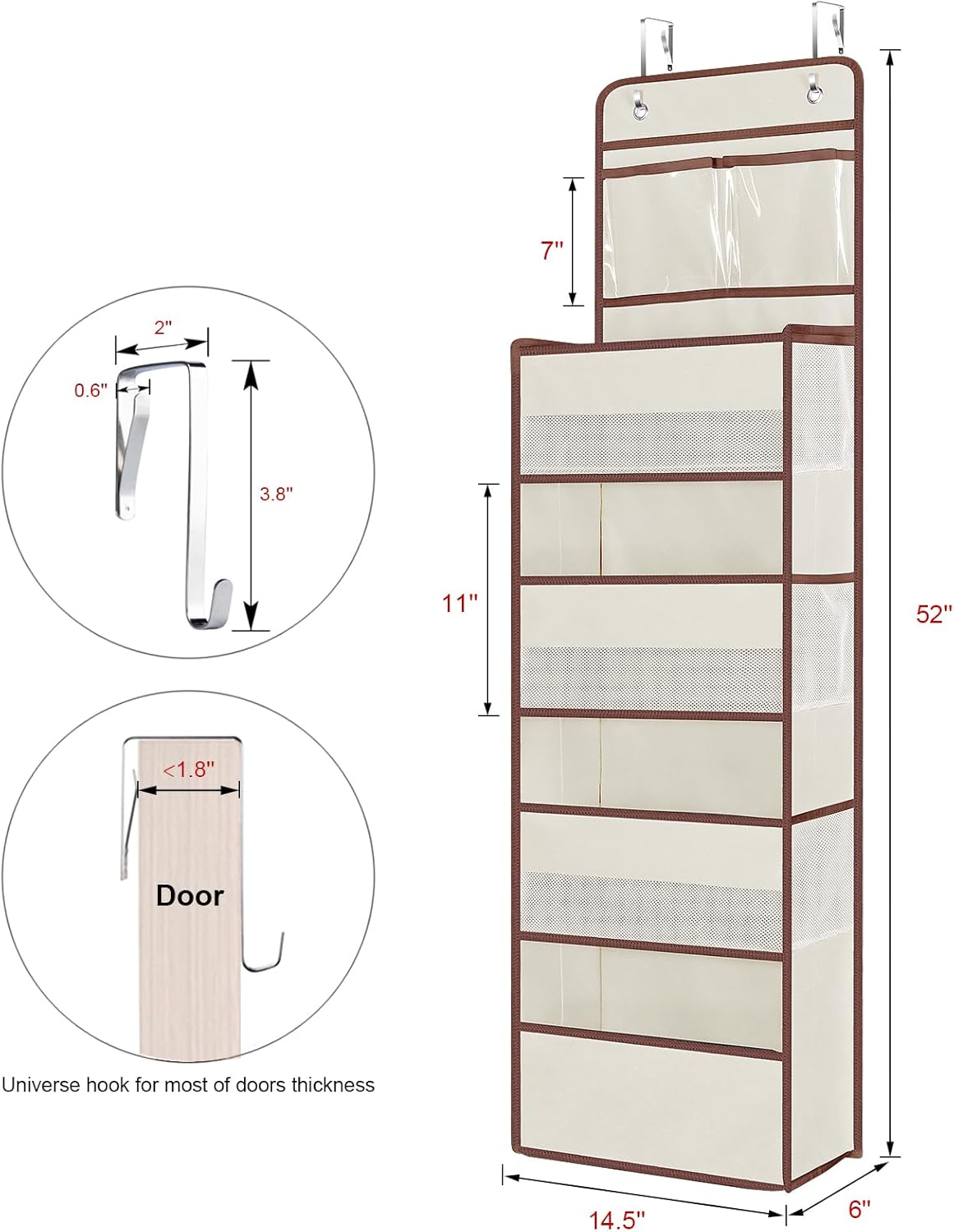 Univivi Over The Door Organizer, 5 Shelf Door Hanging Organizer Nursery Door Storage with 4 Large Compartments and 2 Small PVC Pockets 6 Side Pockets for Bathroom,Cosmetics and Nursery Baby Essential