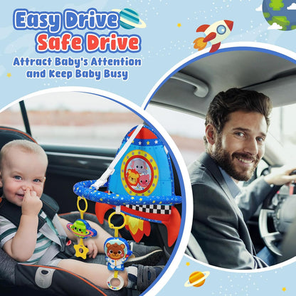 Dr.Rapeti Double-Sided Car Seat Toy, Rear Facing Car Seat Toy, Travel Activity Set, Easier Drive for Newborn, Adjustable Activity Arch with Baby Mirror, Teether, Ring Rattles