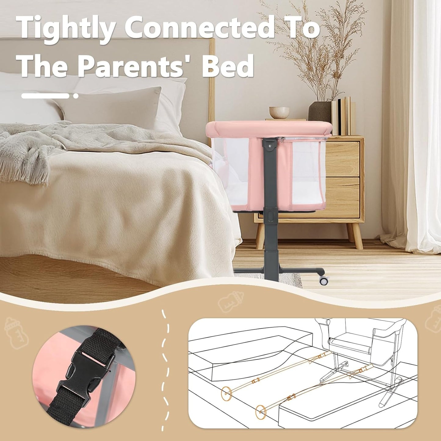 Kinder King Baby Bassinet Bedside Sleeper, Newborn Baby Bedside Crib w/Wheels, All-Sided Mesh, Adjustable Height, Removable Soft Mattress, No Tool to Assemble, Grey