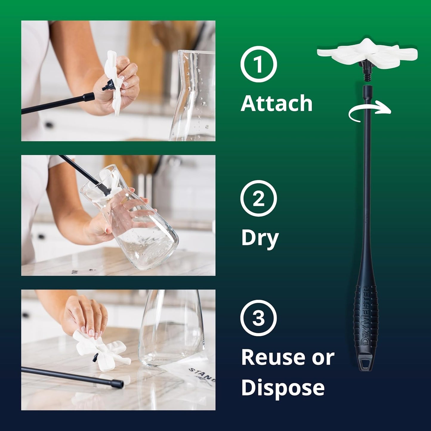 Drying Wand - Narrow Container Dryer (>1.25" Opening) - Water Bottle, Carafe, Wine Glass, Champagne Flute, Hydration Backpack Bladder, Reusable Bags - Rack Alternative. Patented.