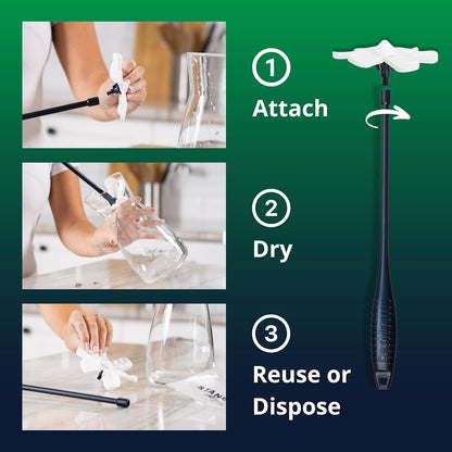 Drying Wand - Narrow Container Dryer (>1.25" Opening) - Water Bottle, Carafe, Wine Glass, Champagne Flute, Hydration Backpack Bladder, Reusable Bags - Rack Alternative. Patented.