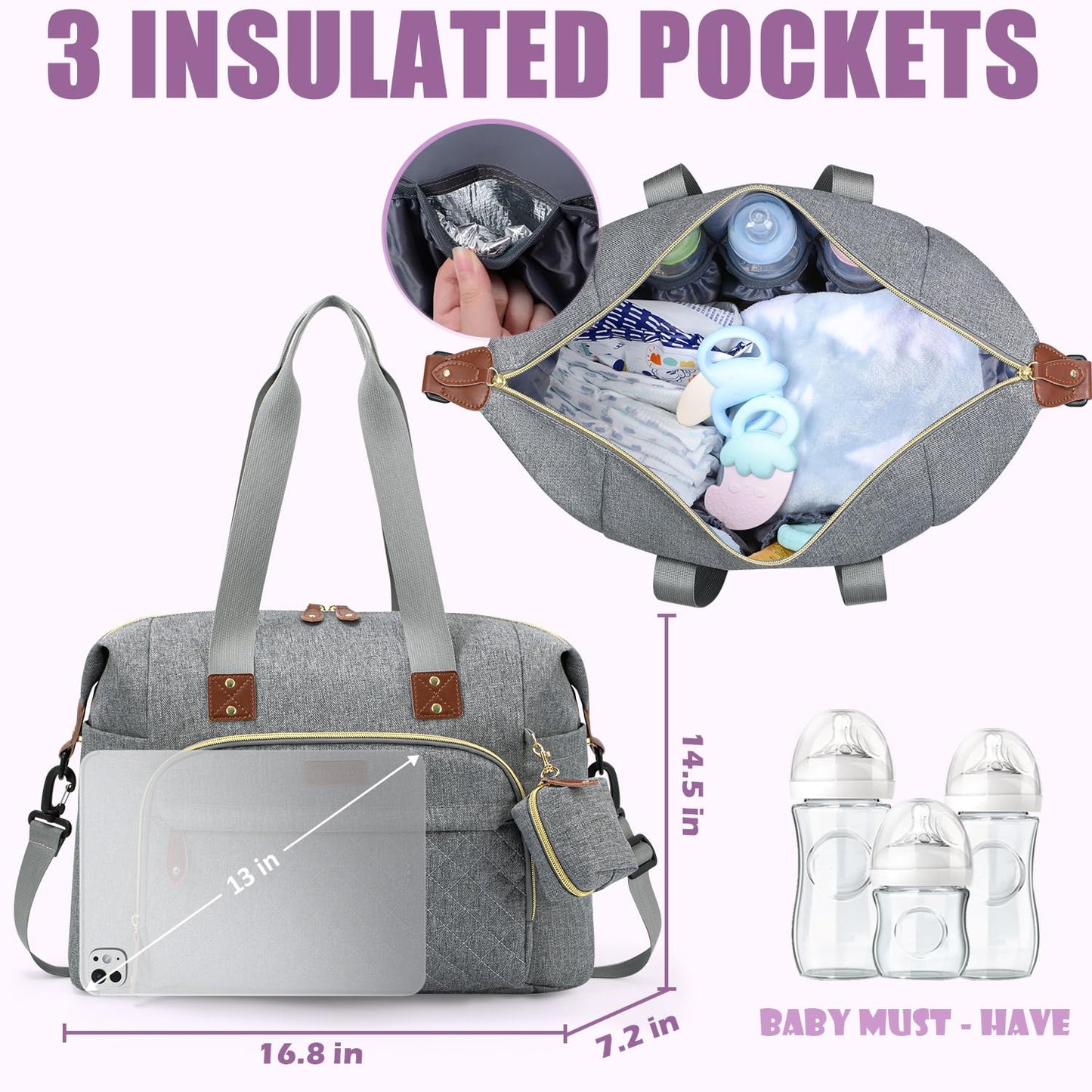 Tuwubi Diaper Bag Tote,Baby Diaper Bag with Pacifier Case Large Travel Diaper Tote Caddy for Mom and Dad Multifunction Large Baby Bag - M-Pink