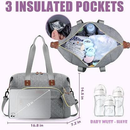 Tuwubi Diaper Bag Tote,Baby Diaper Bag with Pacifier Case Large Travel Diaper Tote Caddy for Mom and Dad Multifunction Large Baby Bag - Light Grey