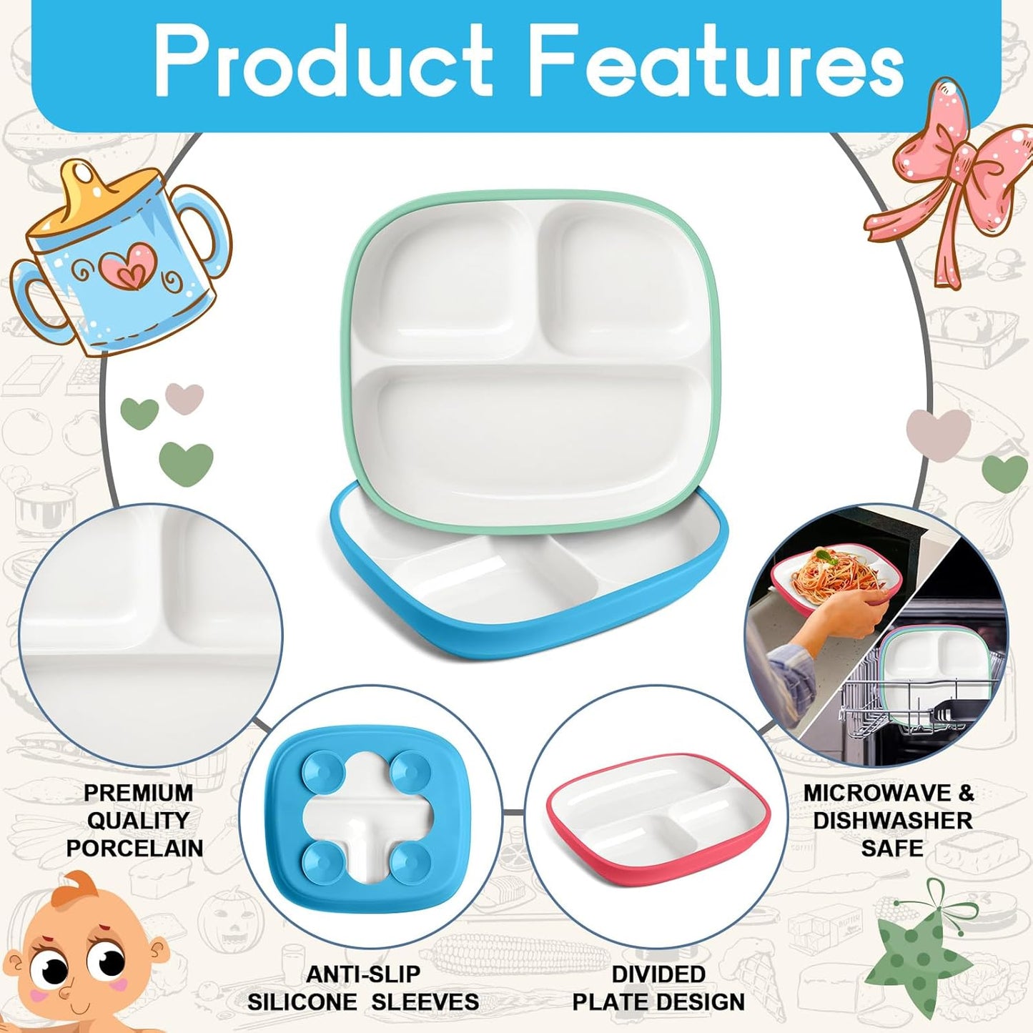 Domensi Kids Porcelain Plates with Silicone Sleeves 8.2 Inch Divided Porcelain Plate Toddler White Suction Dishes for Baby Troubleless Eating Microwave Dishwasher Safe(Stylish,3 Set)