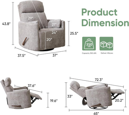 Oversized Swivel Rocker Recliner Chair with Heat and Massage, Rocking Chair with Adjustable Headrest, Manual Recliner, Glider Recliner with 2 Pillows, Chenille White