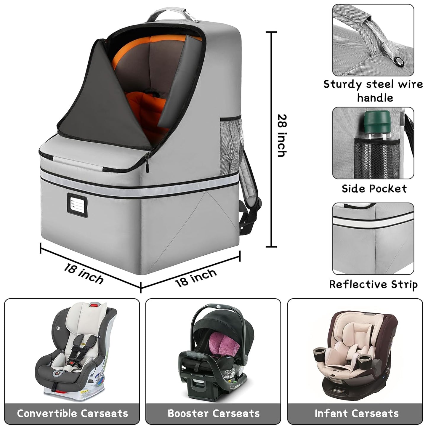 Car Seat Travel Bag,Padded Car Seats Backpack with Steel Cable Handle and Reflective Stripes, Large Durable Carseat Carrier Bag,Airport Gate Check Bag,Infant Seat Travel Bag with Shoulder Strap,Black