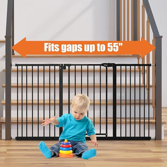 keny 29"-55" Extra Wide Baby Gate, Pressure Mounted No Drilling Dog Gate for Stairs Doorways, Easy Walk Through Safety Gate for Babies or Pets, 30" Tall, Black