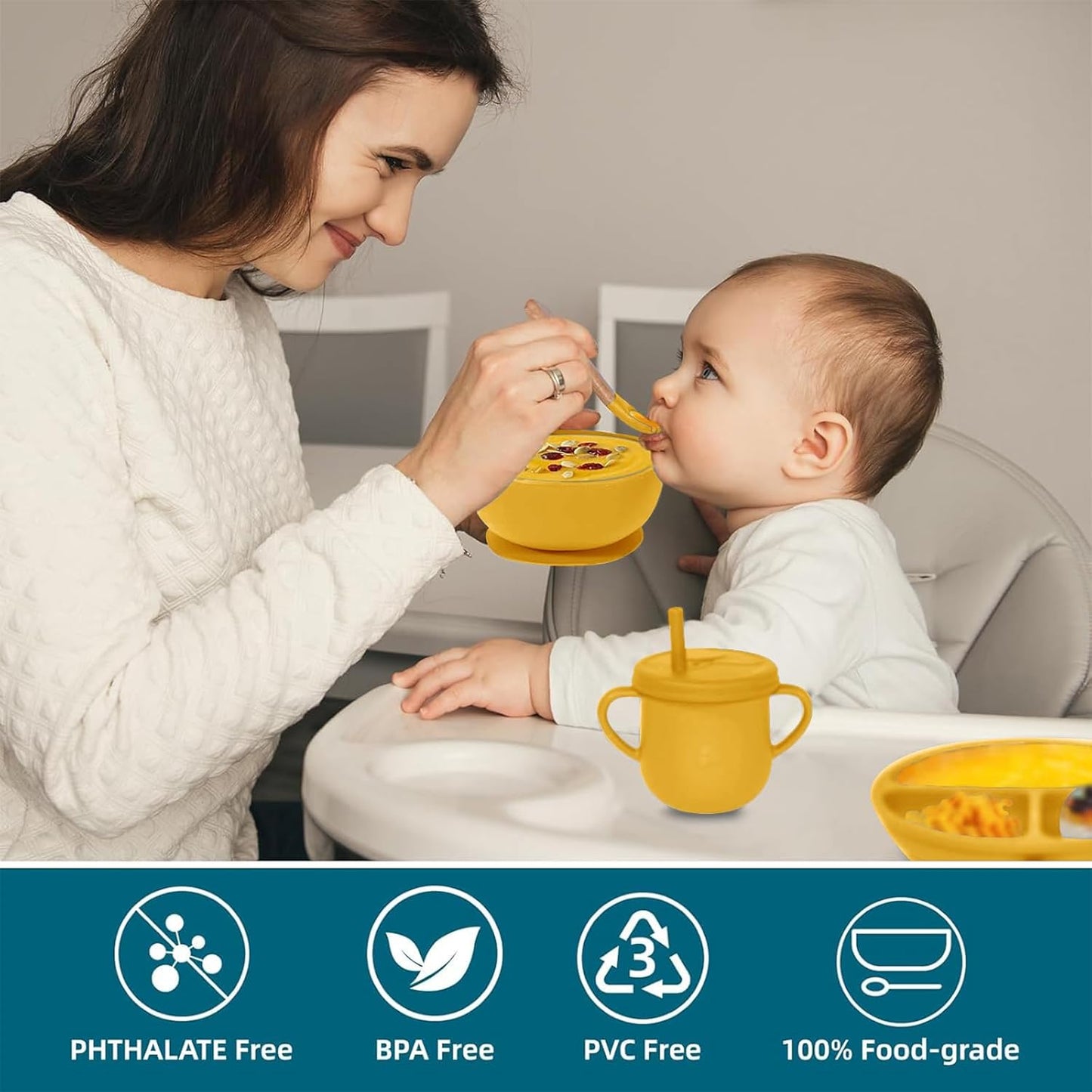 100% Silicone Baby Feeding Set, BPA Free Baby Dishes with Suction Bowl, Divided Plate, Toddler Self Feeding Dish Set with Spoons, Forks, Sippy Cup and Bib, Baby Eating Utensils (Navy Blue)