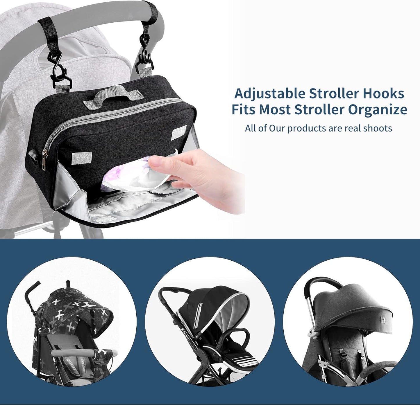 TRENDPLAY Small Diaper Bag, Mini Stroller Organizer Caddy with Wipe Pockets Caddy Parent Console with Stroller Straps Fit All Strollers, Black