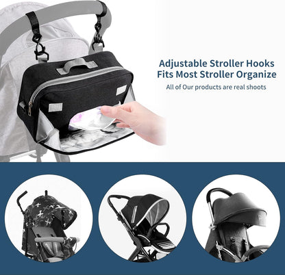 TRENDPLAY Small Diaper Bag, Mini Stroller Organizer Caddy with Wipe Pockets Caddy Parent Console with Stroller Straps Fit All Strollers, Black