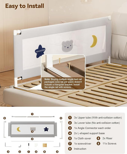 Baby Bed Rail Guard for Toddlers, Reinforced 74.8in Toddler Bed Rails for Twin, Full, King Bed with Height Adjustable, Extral Tall Child Safety Side Railing Guards/Bedrail for Kids, Grey Star, 1 Side
