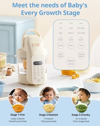 SosekiBaby FM01 Baby Food Maker, 316L Stainless Steel Blades | Puree Steamer Blender Processor With 10oz Glass Bowl | One-Step Food Mill with Recipe, 12H Keep Warm, Auto Clean, Reheat | BPA-Free