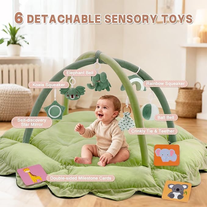 5-in-1 Baby Activity Gym & Play Mat with 6 Hanging Toys, Tummy Time Mat & Cards - Extra Large, Reversible Machine Washable Pad - Gift for Newborns, Infants 0-12 Months, Green