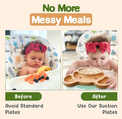 Bamboo Plates for Kids - Baby & Toddler Plates with Suction for Feeding & Weaning, Eco-Friendly Bear Design Promotes Self-Feeding, Ideal for Busy Moms & Dads, Sturdy & BPA-Free (Pink)
