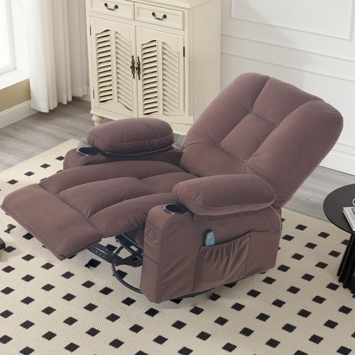 Rocker Recliner Chair with Massage and Heat, Oversized Rocking Nursery Recliners Overstuffed Swivel Glider with Cup Holder, Fabric Manual Single Sofa for Living Room, Beige