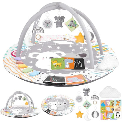 Baby Play Gym & Activity Mat, Tummy Time Mat with Cloud Toy, 7 Detachable Sensory Toys and Educational Cards for Motor Skills & Sensory Development, Baby Essentials Shower Gift, Grey Koala