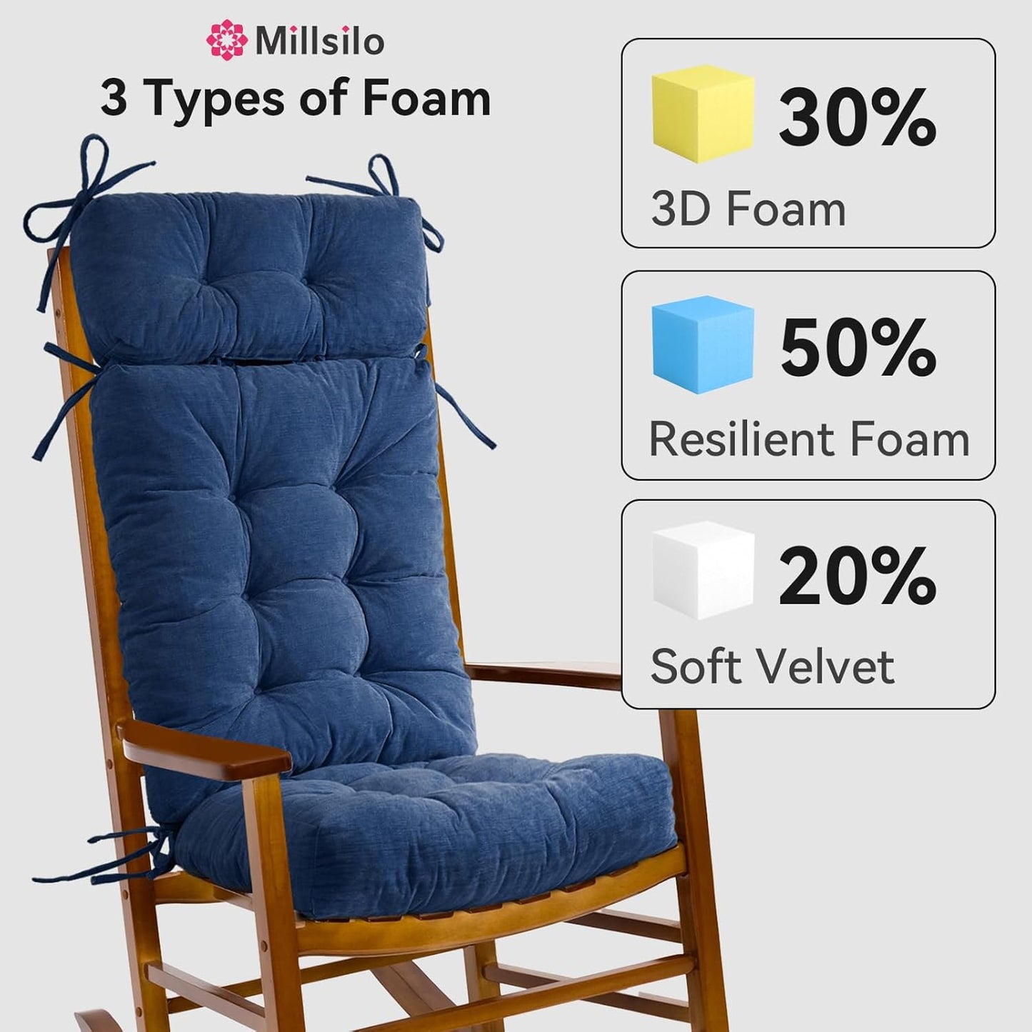 Millsilo Rocking Chair Cushions 3-Piece Set with Neck Pillow, Indoor Rocker Comfortable Tufted Non-Slip Pads with Ties, High-Density Foam Cushion for Adirondack Glider Chair, Orange, 52 x 19 x 4 Inch
