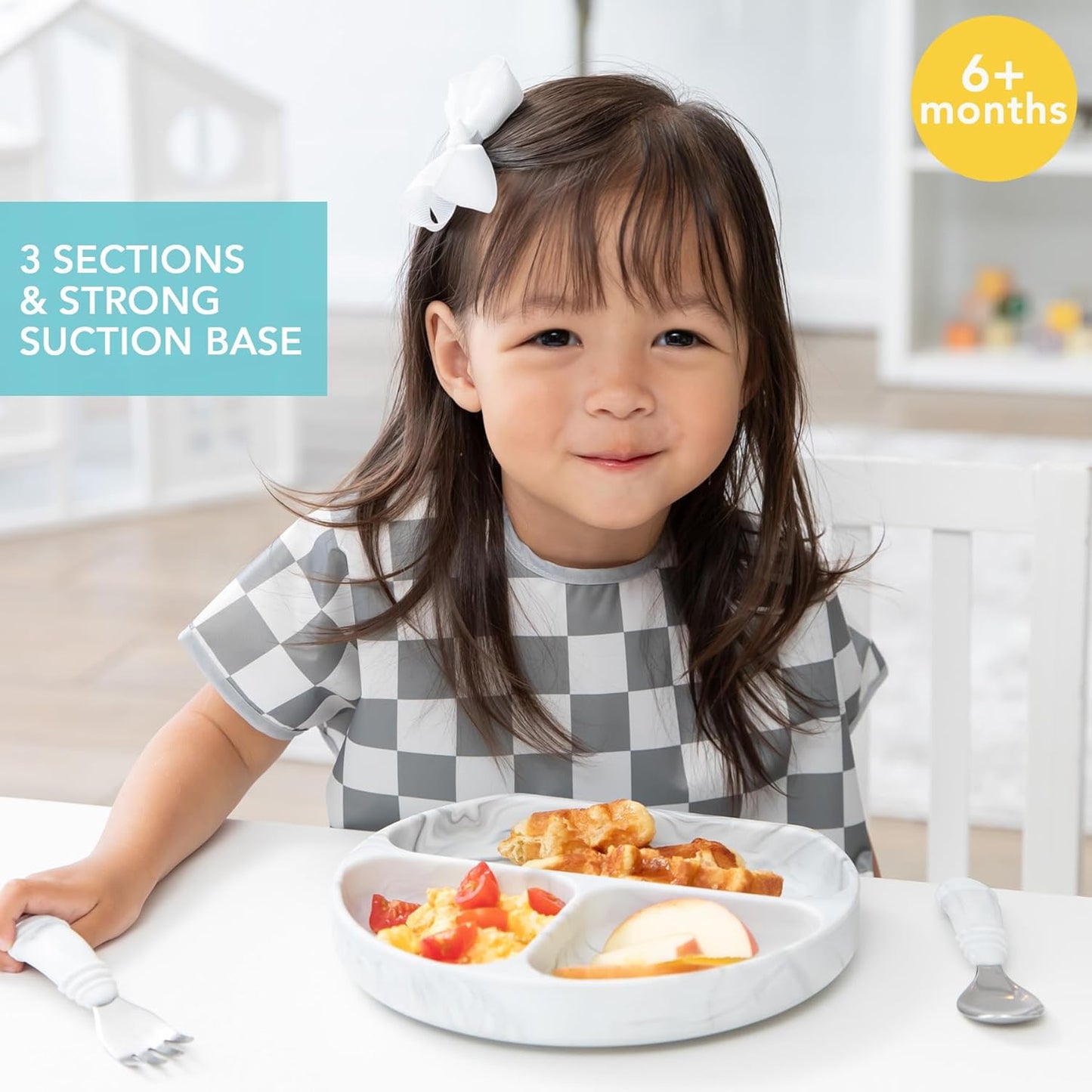 Bumkins Toddler and Baby Suction Plate, Divided Grip Dish for Babies and Kids, Baby Led Weaning, Feeding Supplies, Sticks to Tables and Highchairs, Platinum Silicone, for Chidren 6 Months, Gray