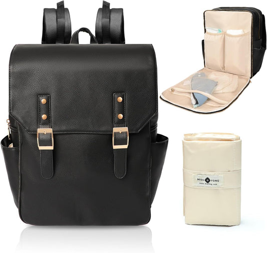 miss fong Diaper Bag Backpack Baby Diaper Bag for baby boy and girls, Leather Baby Bag with 13 diaper bag organizing pouches, Changing Pad, Stroller Straps and 4 Insulated Pockets(Black)