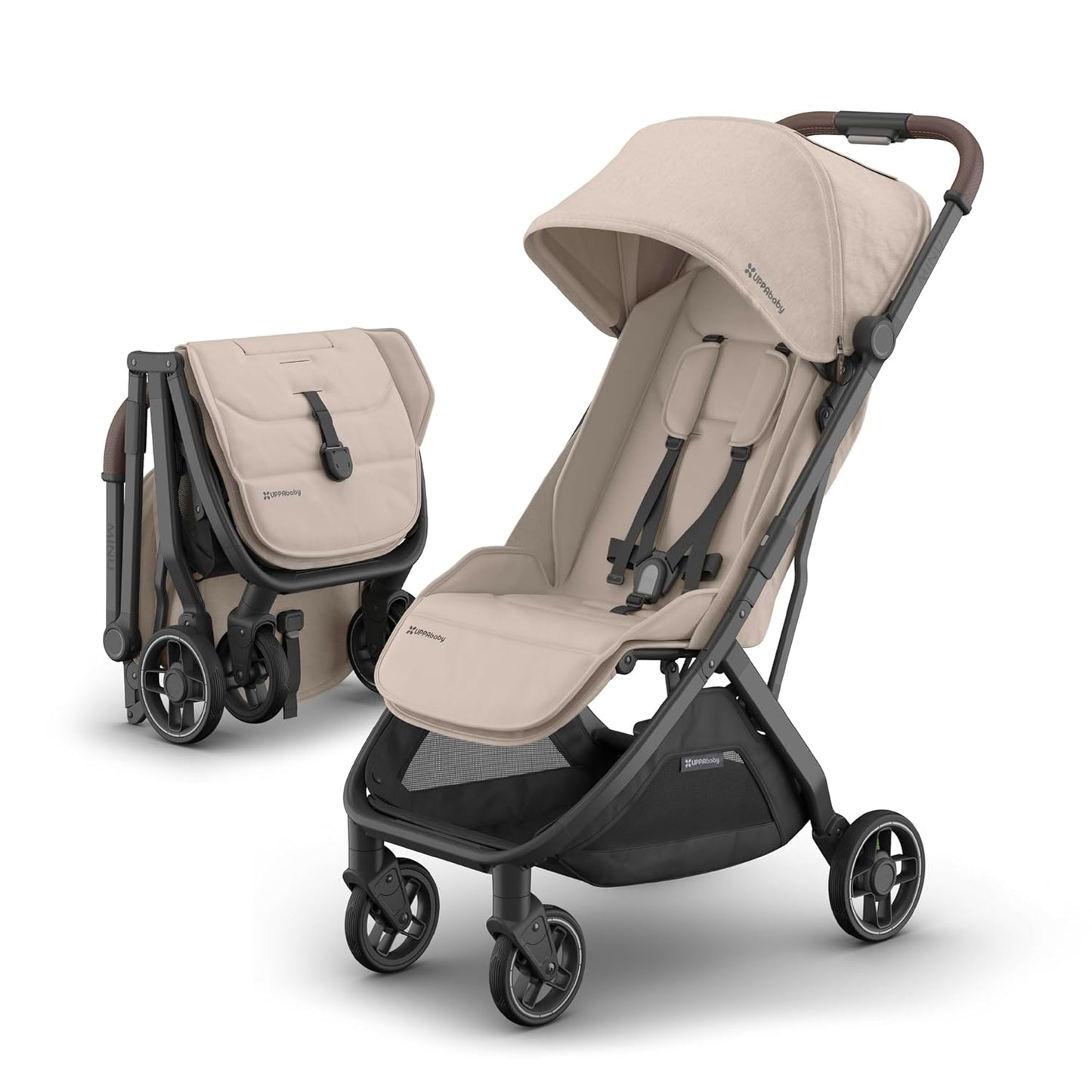 UPPAbaby Minu V3 Travel Stroller | Lightweight + Compact Design | One-Hand Fold + Unfold | from Birth + Overhead Compatible | Evelyn (Meadow Green/Carbon Frame/Chestnut Leather)