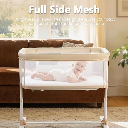 Kinder King Baby Bassinet Bedside Sleeper, Newborn Baby Bedside Crib w/Wheels, All-Sided Mesh, Adjustable Height, Removable Soft Mattress, No Tool to Assemble, Grey