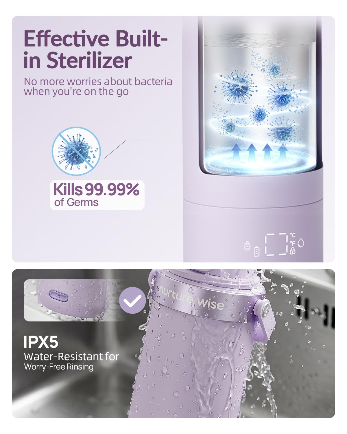 Portable Bottle Warmer, World’s First with Battery Protection Case & Built-in Sterilizer, IPX5 Water-Resistant, Triple-Leak Proof, Fast Heating, 18oz Capacity for Breast Milk & Formula