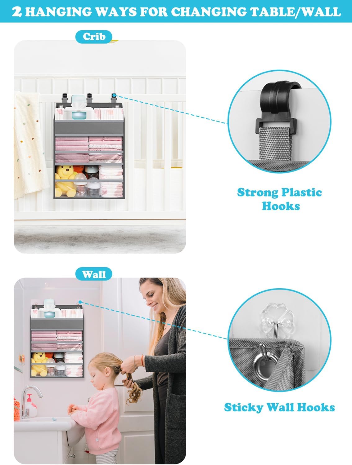 Hanging Diaper Caddy Organizer Crib Organizer–Spacious Baby Girl/Boy Nursery Storage Organizer for Changing Table, Playpen/Wall- Hold 90+ Diaper (Grey)