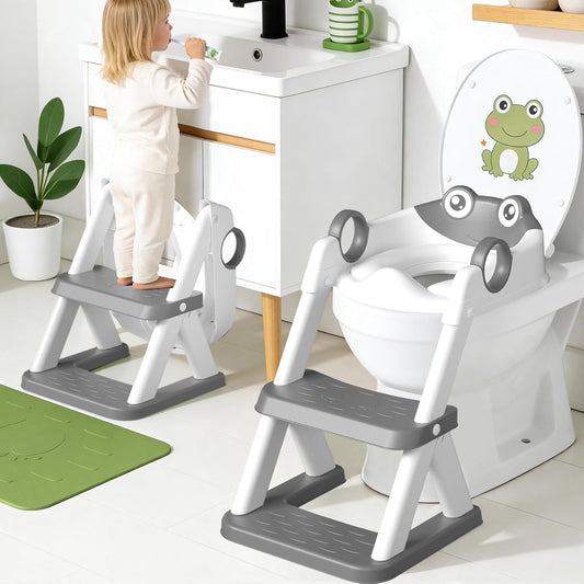 COOSEYA Frog Toilet Seat, Potty Training Seat for Toddler, Upgrade Potty Training 2 in 1 Toddler Toilet Seat for Boys Girls,Waterproof Soft Mat Non-Slip Step Stool