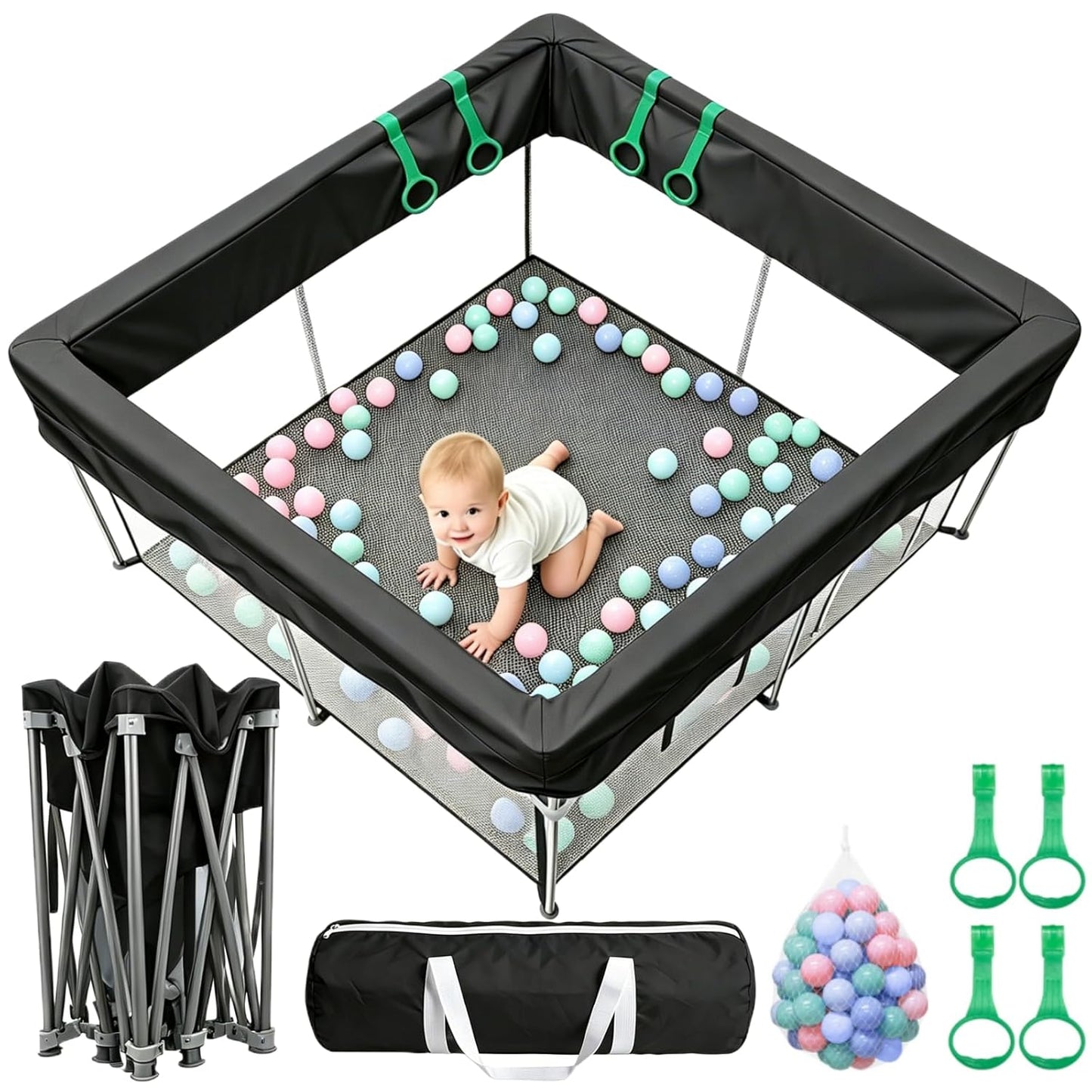 Foldable Baby Playpen, 50"×50" Collapsible Play Yard for Babies and Toddlers, No Assembly Required, Kids Safety Play Area with 4 Handles, 50 Balls and Visible Mesh, Black