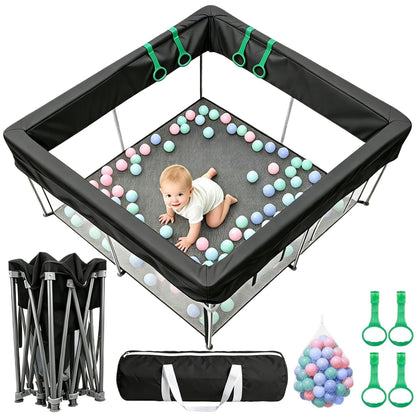 Foldable Baby Playpen, 50"×50" Collapsible Play Yard for Babies and Toddlers, No Assembly Required, Kids Safety Play Area with 4 Handles, 50 Balls and Visible Mesh, Black