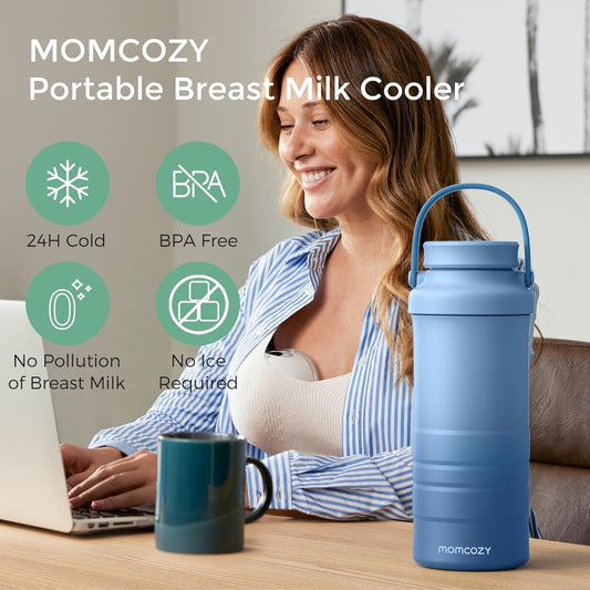 Momcozy 22oz Portable Breast Milk Cooler for Outdoor, Life Saver with 360° Total Cooling for 24 Hours, Larger Capacity Travel Breastmilk Chiller with 2pcs Baby Bottles for Breastmilk Storage