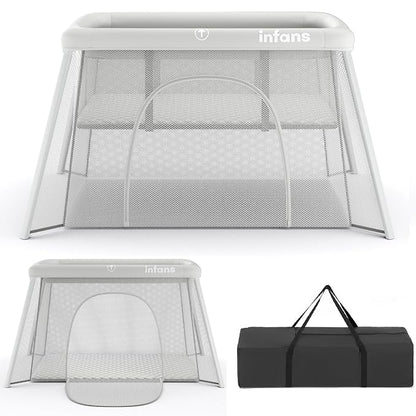 INFANS Travel Crib, Portable Baby Playpen with Removable Bassinet Soft Mattress Carry Bag, Foldable Lightweight Playard Nursery Center for Newborns Toddlers (Light Gray)