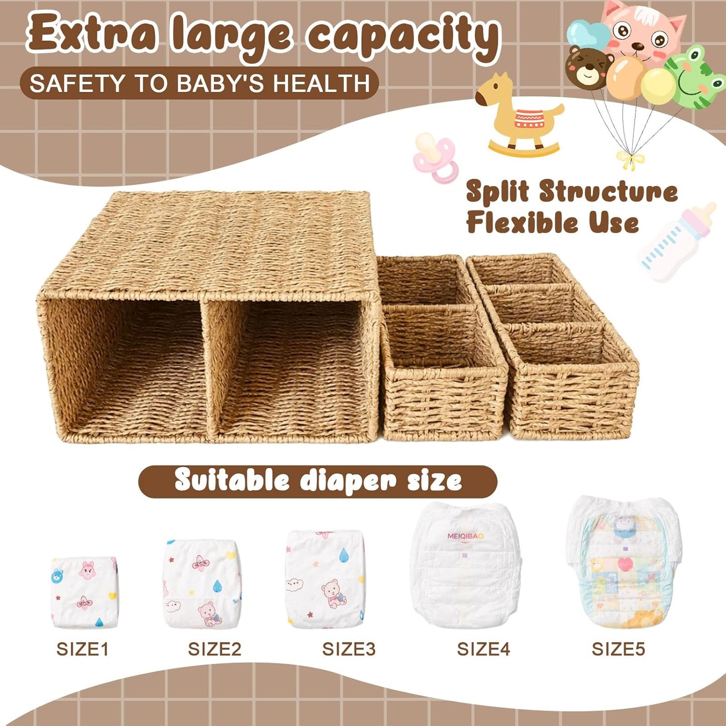 Large Wicker Diaper Caddy Organizer, Detachable Modular Changing Table Organizer for Nursery, Woven Diaper Storage Dispenser Rattan Basket for Nursery Diapering Baby Shower Essentials Gift