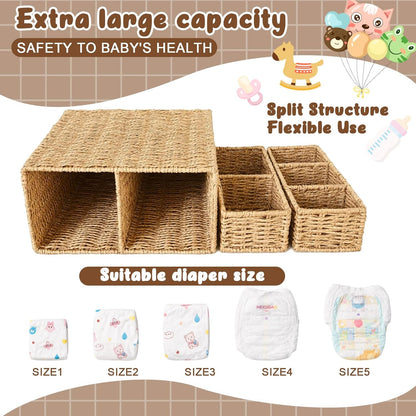 Large Wicker Diaper Caddy Organizer, Detachable Modular Changing Table Organizer for Nursery, Woven Diaper Storage Dispenser Rattan Basket for Nursery Diapering Baby Shower Essentials Gift
