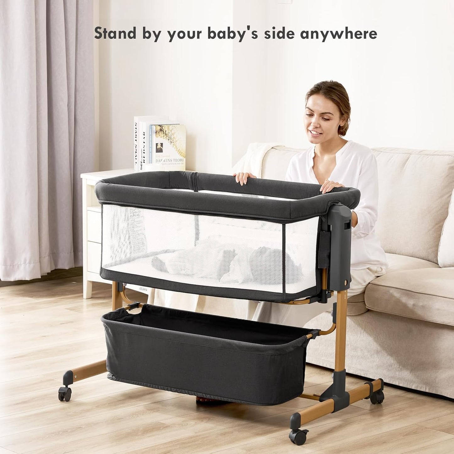 Baby Bassinet Bedside Sleeper, 3-in-1 Rocking Bassinet for Baby with 6-Level Height Adjustable, 4 Wheels & Breathable Mesh Walls, Portable Bedside Bassinet with Mattress for Newborn