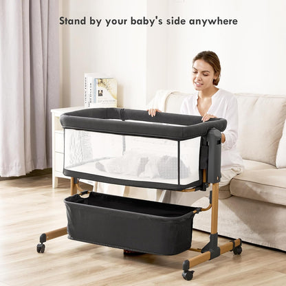 Baby Bassinet Bedside Sleeper, 3-in-1 Rocking Bassinet for Baby with 6-Level Height Adjustable, 4 Wheels & Breathable Mesh Walls, Portable Bedside Bassinet with Mattress for Newborn