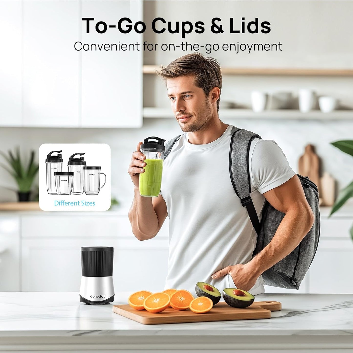 Consciot CB08 11-Piece Blender for Kitchen and Personal Size, Blend Shakes and Smoothies, Frozen Drinks, Baby Food, Spreads & More, 3 Portable To-Go Cups & 2 Spout Lids & 1 Solid Lid, 900 Peak Watts