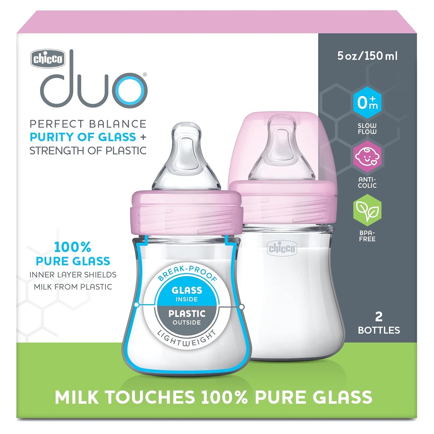 Chicco Duo 9oz Hybrid Baby Bottle, Real Glass Inside, Lightweight Plastic Outside, Patented Invinci-Glass Technology, Intui-Latch Nipple, 2-Pack, Clear/Pink