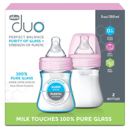 Chicco Duo 9oz Hybrid Baby Bottle, Real Glass Inside, Lightweight Plastic Outside, Patented Invinci-Glass Technology, Intui-Latch Nipple, 2-Pack, Clear/Pink