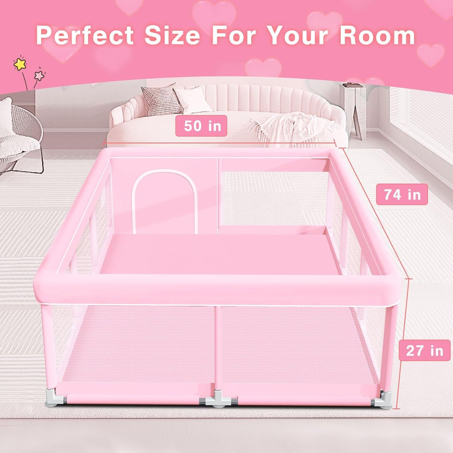 Pink Baby Playpen 50x50 Inches Playpen for Little Princess Play Yards Indoor & Outdoor Sturdy Safety Baby Girls Play Pen with Soft Breathable Mesh Toddlers Activity Center with Anti-Slip Base