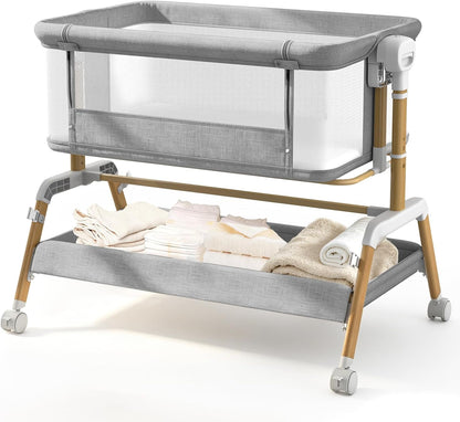 3 in 1 Baby Bassinet, Bedside Sleeper for Newborn, 7-Level Height Adjustable, Rocking Design with Breathable Mesh, Lockable Wheels & Large Storage Space, Portable Baby Crib（Dark Gray）