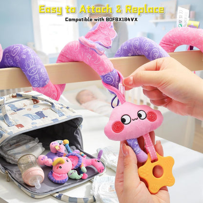 Musical Car Seat Toy for Babies 0-12 Months Girl, 5-in-1 Sensory Activity Hanging Toy Stroller Toy with Soothing Music, Rattle, Mirror for Newborn Infants Essential Gifts, Unicorn