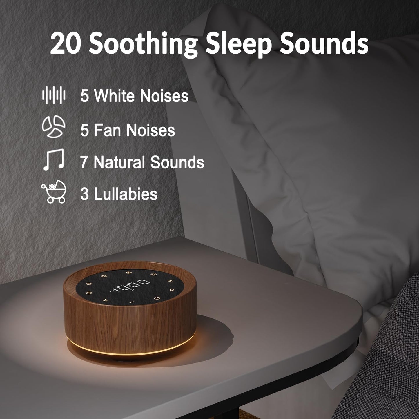 White Noise Machine with Alarm Clock & Night Light for Babies and Adults, 20 Soothing Sounds, Glare-Free Upward Display, Touch Control, Memory Function, 5 Sleep Timers, Black