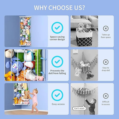 Corner Stuffed Animal Storage for Kids Room - Length Adjustable Wall Stuffed Animal Organizer - Plush Toy Holder Shelf for Nursery Playroom Bedroom (White)