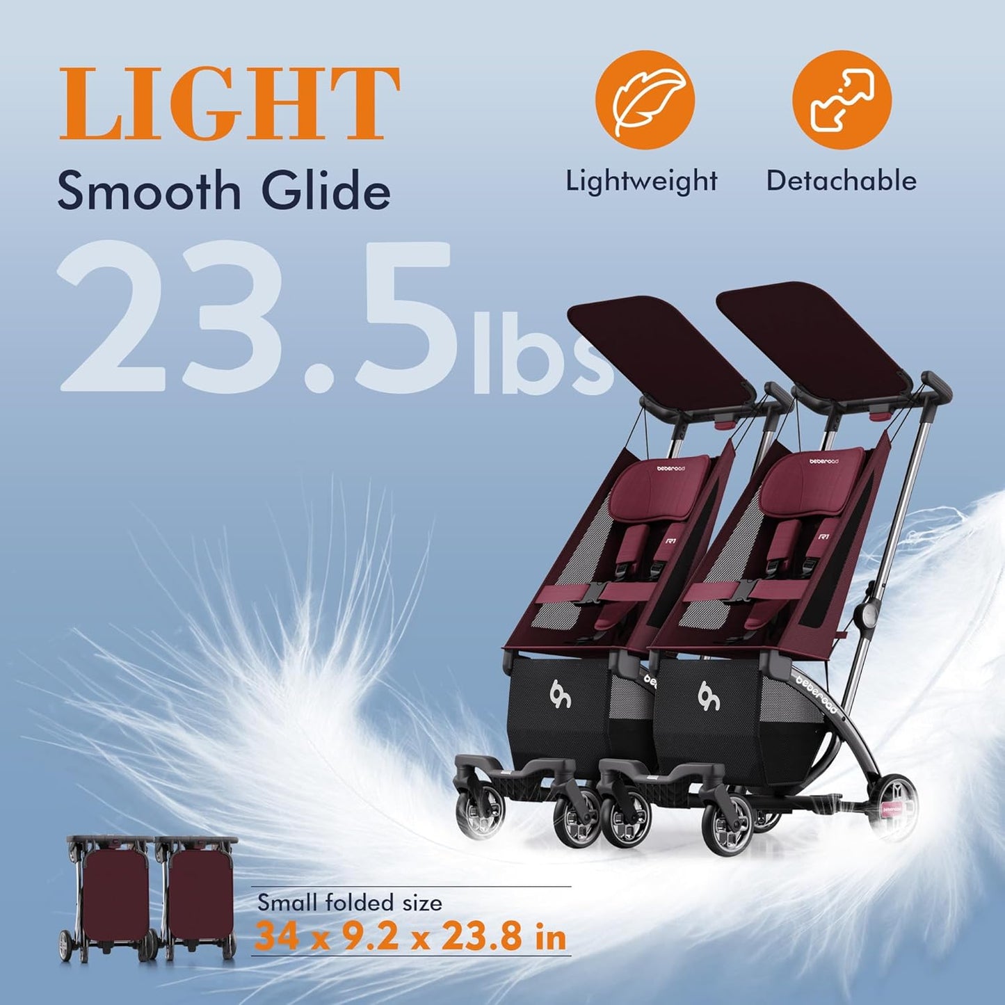 Beberoad Love R1 Auto-Folding Ultra Lightweight Double Stroller Twin Strollers, Side by Side Stroller for Babies and Toddlers Aged 6-36 Months, Only 23.5 lbs, Can Turn into Two Single Strollers, Black