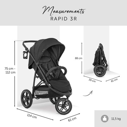 hauck Rapid 3R All-Terrain Pushchair Baby Stroller for Toddlers – 3 Rubber Wheels, UPF 50+ Canopy, Adjustable Reclining Seat & Height Handle, and Compact One-Hand Fold