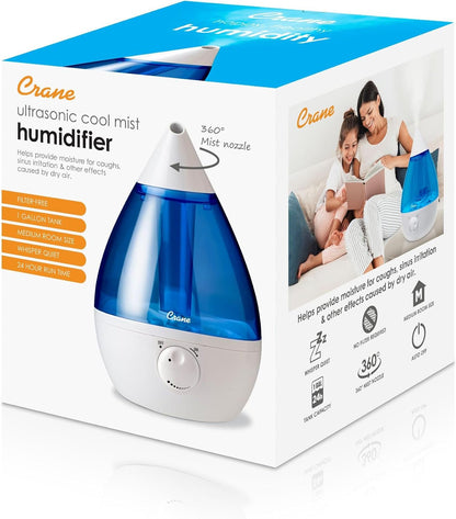 Crane Ultrasonic Cool Mist Humidifier for Bedroom, Baby Nursery, Kids Room, Plants, or Office, Large 1 Gallon Tank, Filter Optional, Clear and White