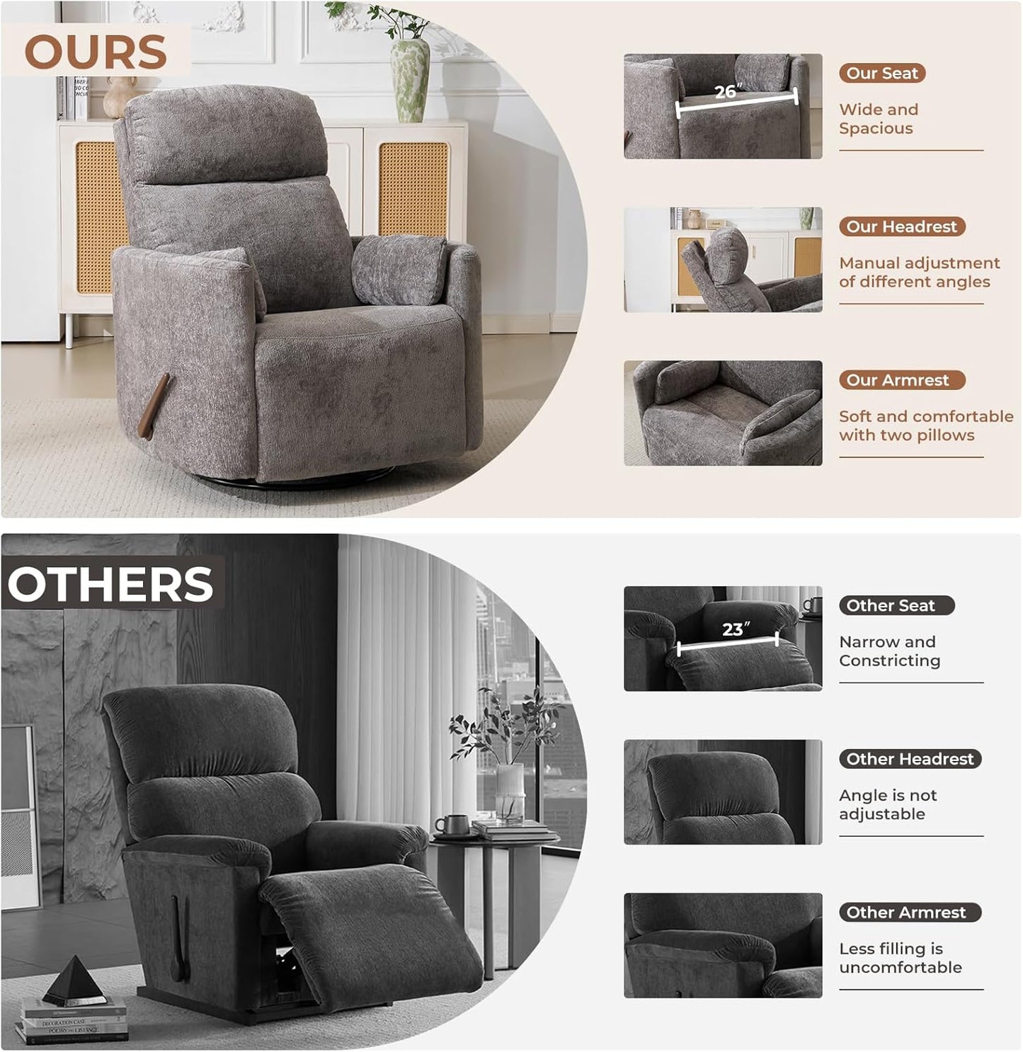 Oversized Swivel Recliner Chair with Massage and Heat, Rocking Chair Nursery with Adjustable Headrest, Rocking Chair Nursery Glider Chairs with 2 Pillows, Glider Rocker Recliner, White