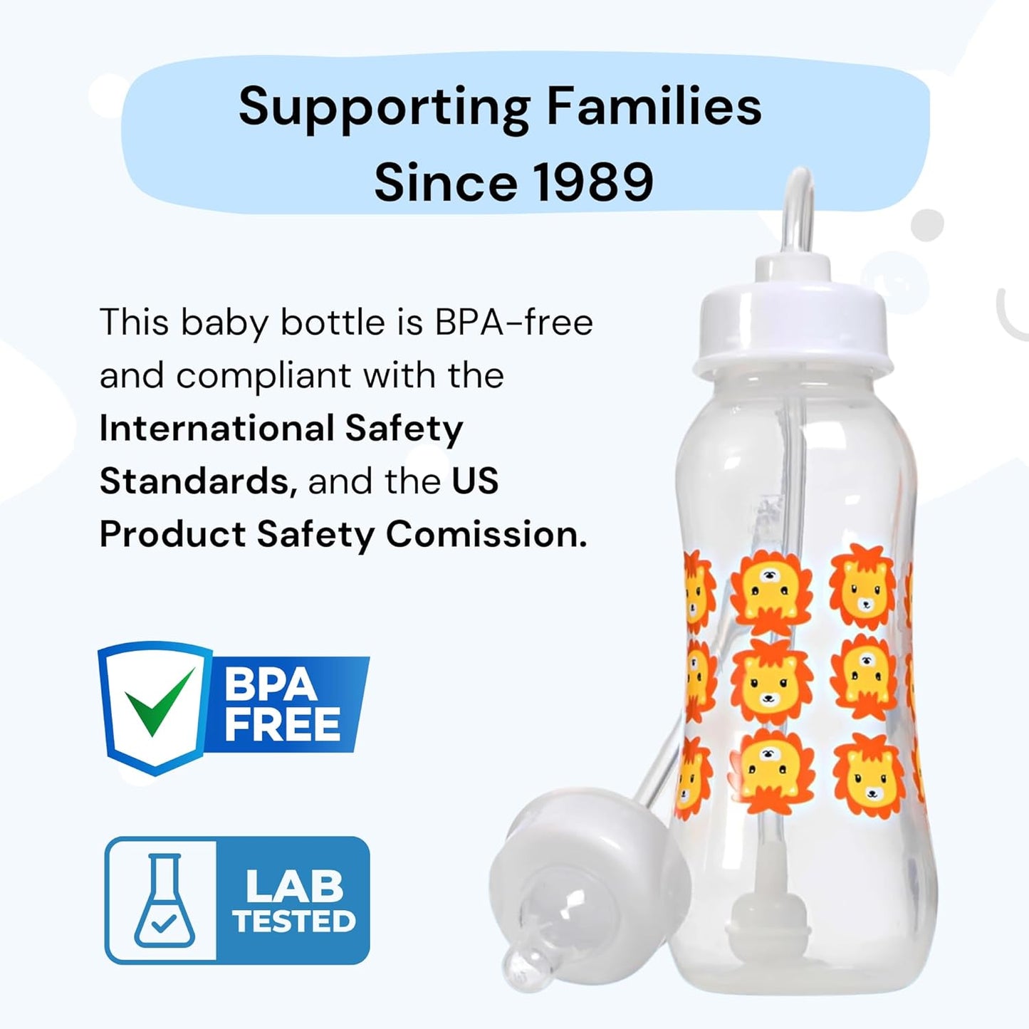 Hands-Free Baby Bottle - Anti-Colic Nursing System 9 oz Baby Bottle with Fast Flow Nipple/Teat 3m+ with Tube Straw Feeding System for Toddler (2 Bottles - Lion)