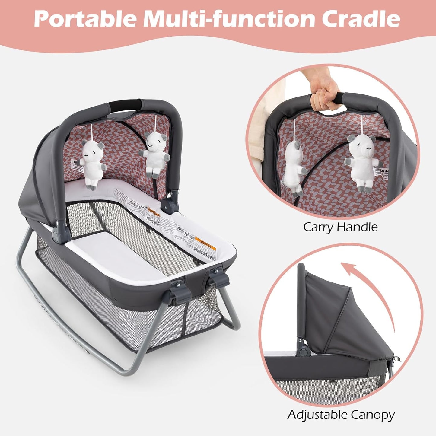 INFANS 4 in 1 Pack and Play, Portable Nursery Center for Baby Kid Infant, Travel Playard with Bassinet, Mattress, Diaper Changer, Bag, Music Box, Storage Basket (Pink)